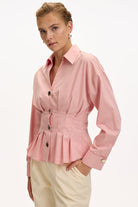 Exquise-Uzun Kollu Bele Oturan Pileli Poplin Gül Kurusu Gömlek-GÖMLEK-2-Milagron.com