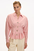 Exquise-Uzun Kollu Bele Oturan Pileli Poplin Gül Kurusu Gömlek-GÖMLEK-3-Milagron.com