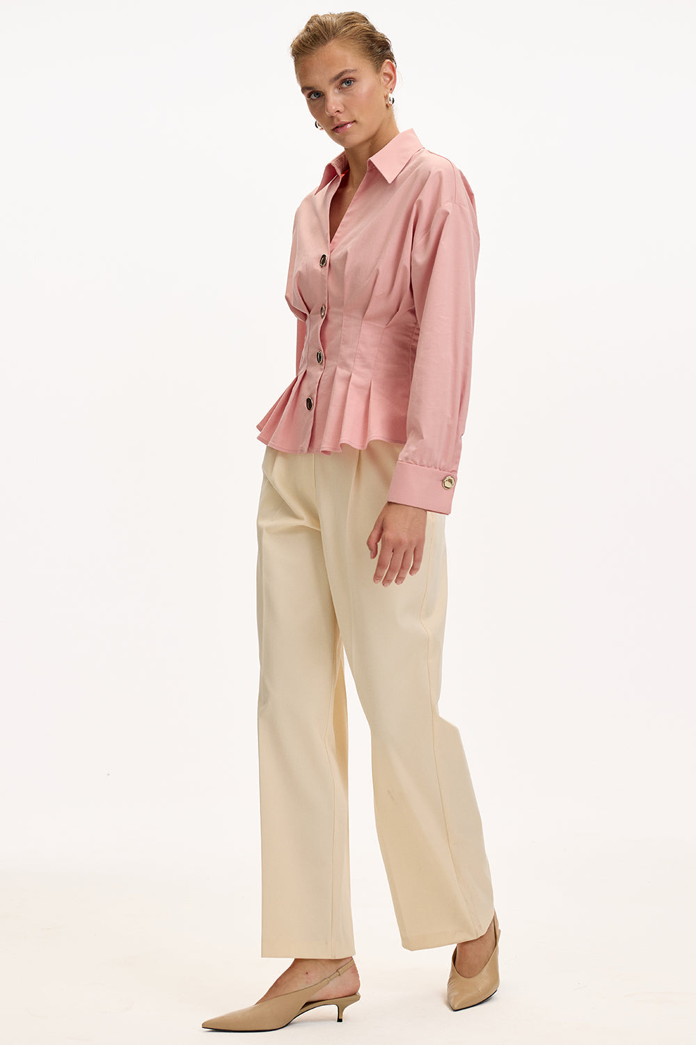 Exquise-Uzun Kollu Bele Oturan Pileli Poplin Gül Kurusu Gömlek-GÖMLEK-5-Milagron.com