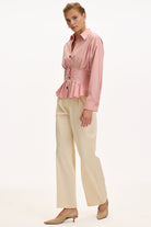 Exquise-Uzun Kollu Bele Oturan Pileli Poplin Gül Kurusu Gömlek-GÖMLEK-5-Milagron.com