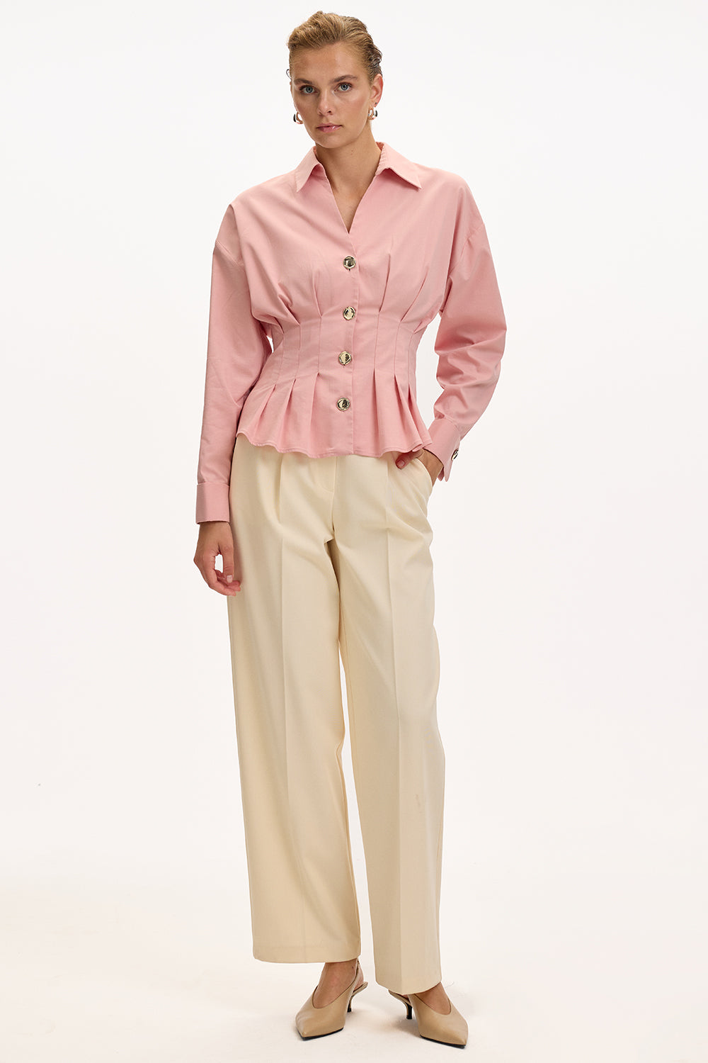 Exquise-Uzun Kollu Bele Oturan Pileli Poplin Gül Kurusu Gömlek-GÖMLEK-6-Milagron.com