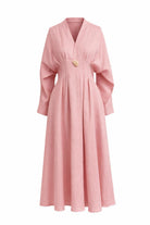 Uzun Kollu Bele Oturan V Yaka Slim Fit Keten Midi Pembe Elbise