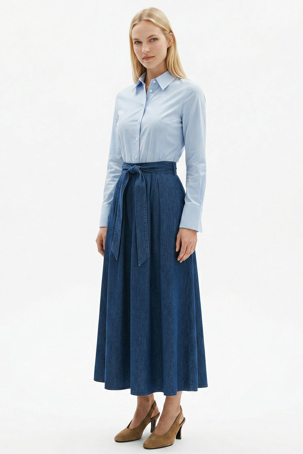 Uzun Kollu Beli Kuşaklı Denim Detaylı Regular Midi Elbise