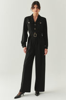 Exquise-Uzun Kollu Ceket Yaka Cepli Kemerli Slim Fit Siyah Tulum-TULUM-1-Milagron.com