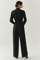 Exquise-Uzun Kollu Ceket Yaka Cepli Kemerli Slim Fit Siyah Tulum-TULUM-4-Milagron.com