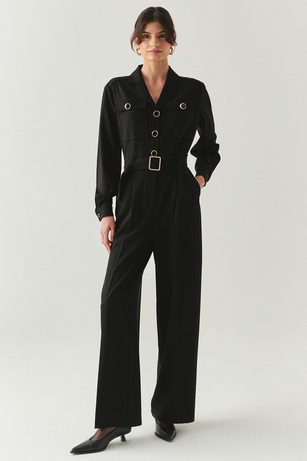 Exquise-Uzun Kollu Ceket Yaka Cepli Kemerli Slim Fit Siyah Tulum-TULUM-5-Milagron.com