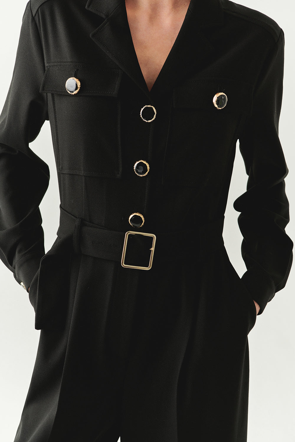 Exquise-Uzun Kollu Ceket Yaka Cepli Kemerli Slim Fit Siyah Tulum-TULUM-6-Milagron.com