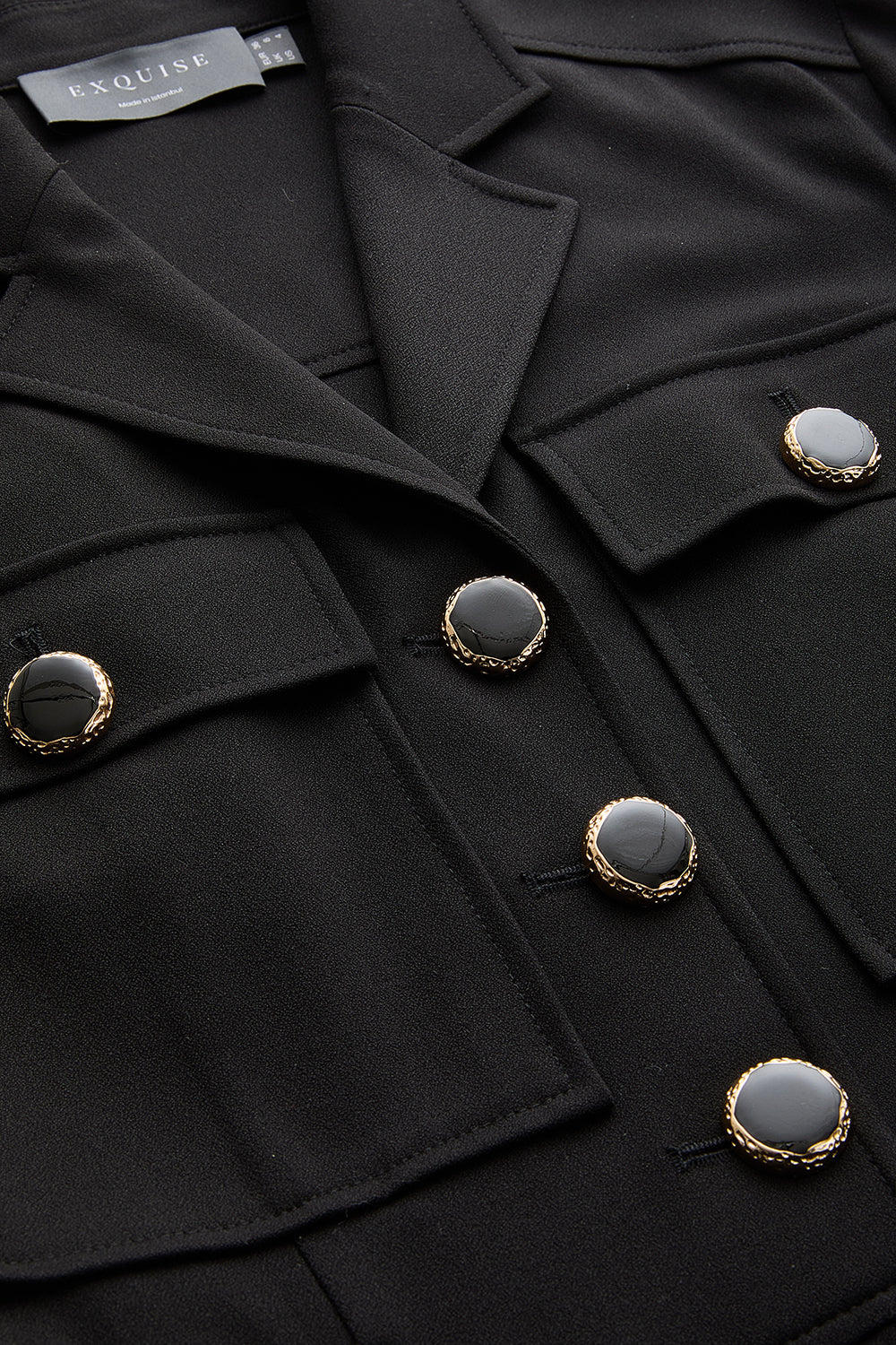 Exquise-Uzun Kollu Ceket Yaka Cepli Kemerli Slim Fit Siyah Tulum-TULUM-7-Milagron.com