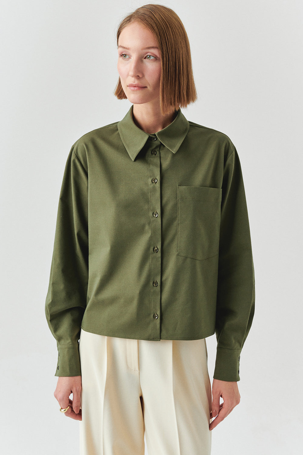 Exquise-Uzun Kollu Cepli çıt çıt Detaylı Regular Haki Gömlek-GÖMLEK-1-Milagron.com