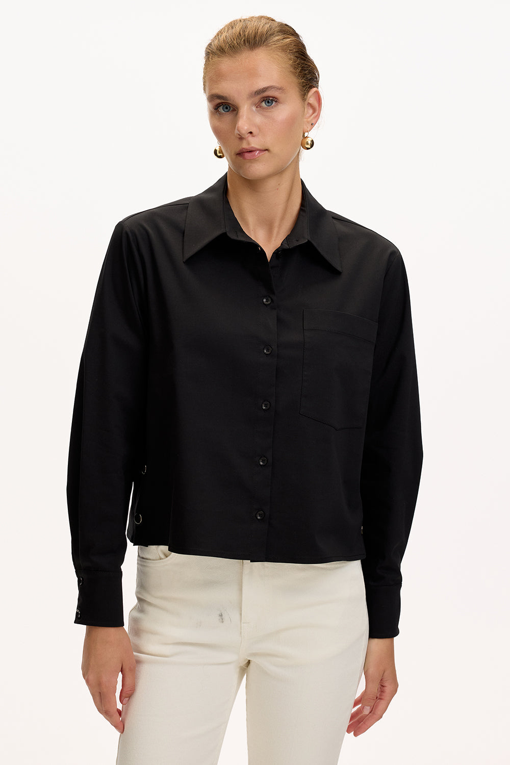 Exquise-Uzun Kollu Cepli çıt çıt Detaylı Regular Siyah Gömlek-GÖMLEK-1-Milagron.com