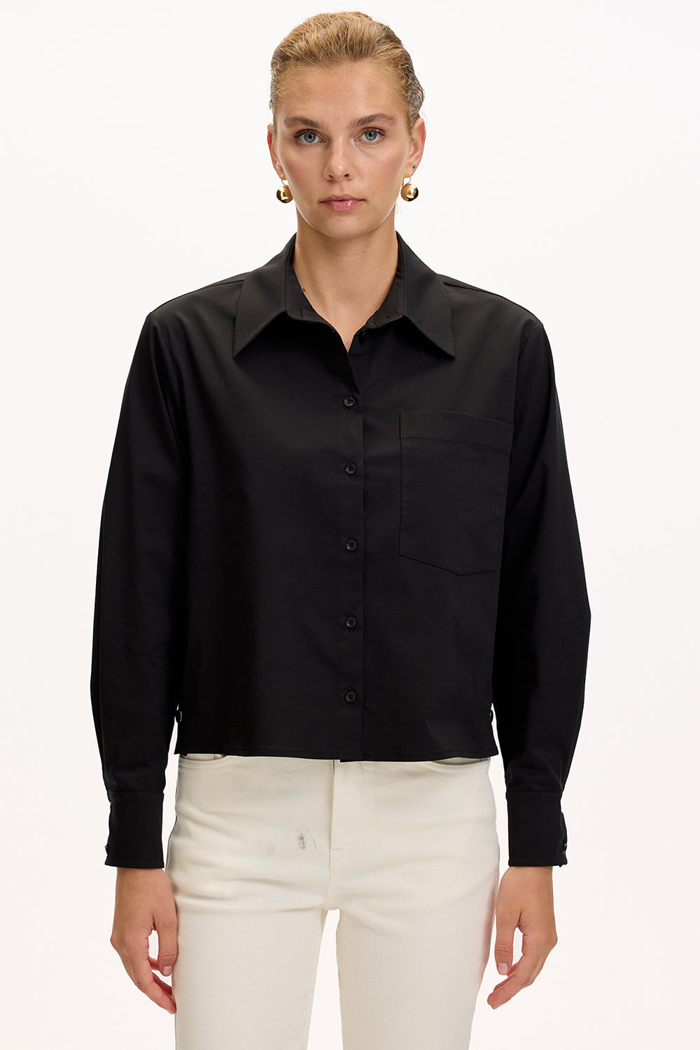 Exquise-Uzun Kollu Cepli çıt çıt Detaylı Regular Siyah Gömlek-GÖMLEK-2-Milagron.com