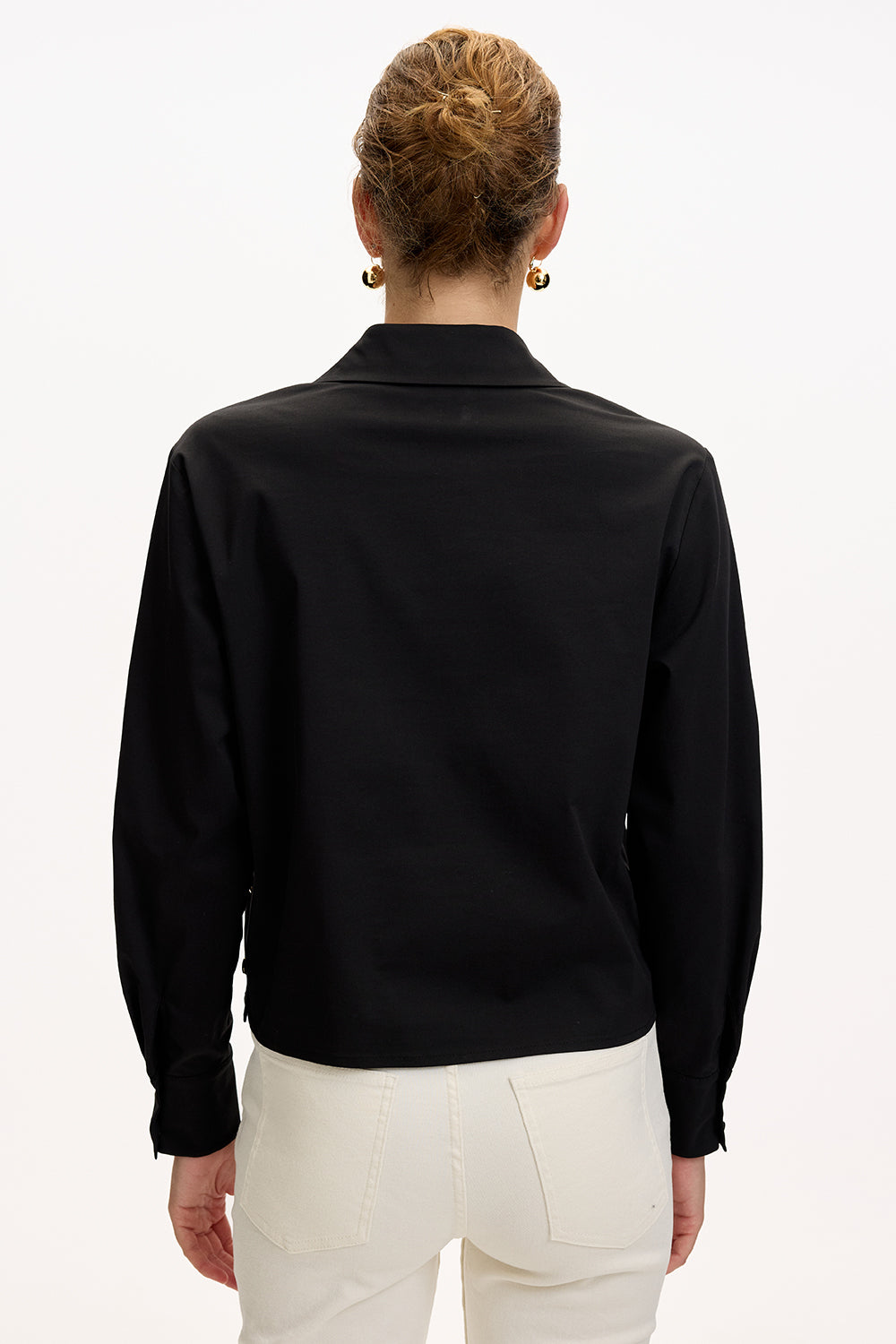 Exquise-Uzun Kollu Cepli çıt çıt Detaylı Regular Siyah Gömlek-GÖMLEK-4-Milagron.com