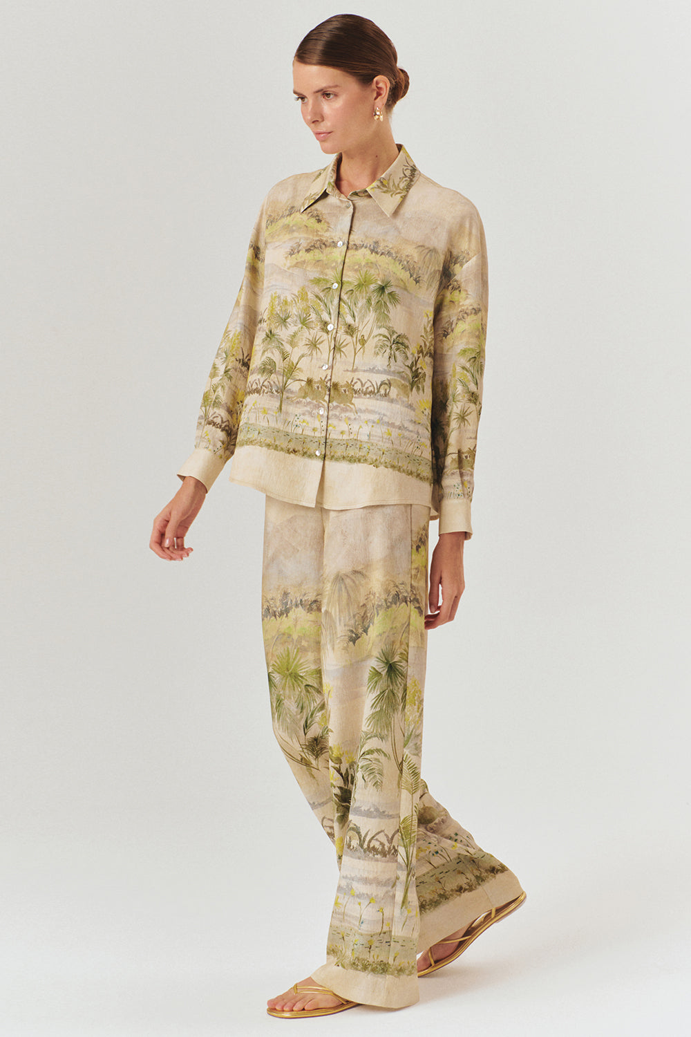 Exquise-Uzun Kollu Gömlek Yaka Rahat Kalıp Tropikal Desenli Gömlek-Gömlek-4-Milagron.com