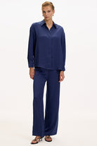 Exquise-Uzun Kollu Klasik Yaka Düğmeli Regular Lacivert Gömlek-GÖMLEK-3-Milagron.com