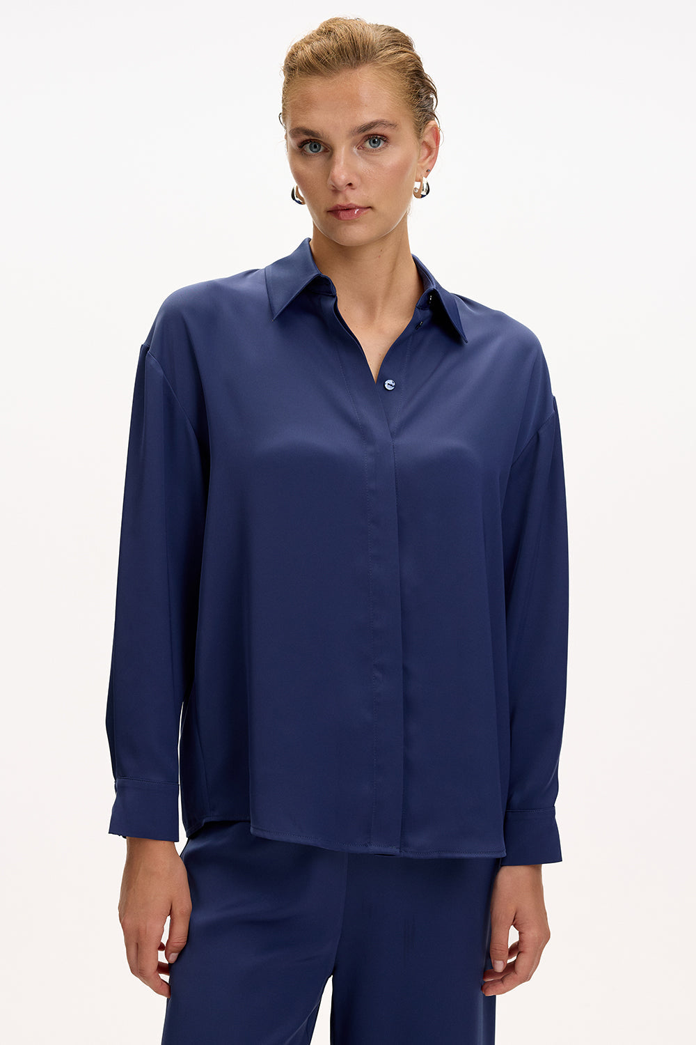 Exquise-Uzun Kollu Klasik Yaka Düğmeli Regular Lacivert Gömlek-GÖMLEK-5-Milagron.com