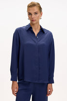 Exquise-Uzun Kollu Klasik Yaka Düğmeli Regular Lacivert Gömlek-GÖMLEK-5-Milagron.com