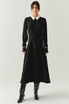 Exquise-Uzun Kollu Kuşaklı Düşük Bel Regular Siyah Midi Elbise-ELBİSE-1-Milagron.com