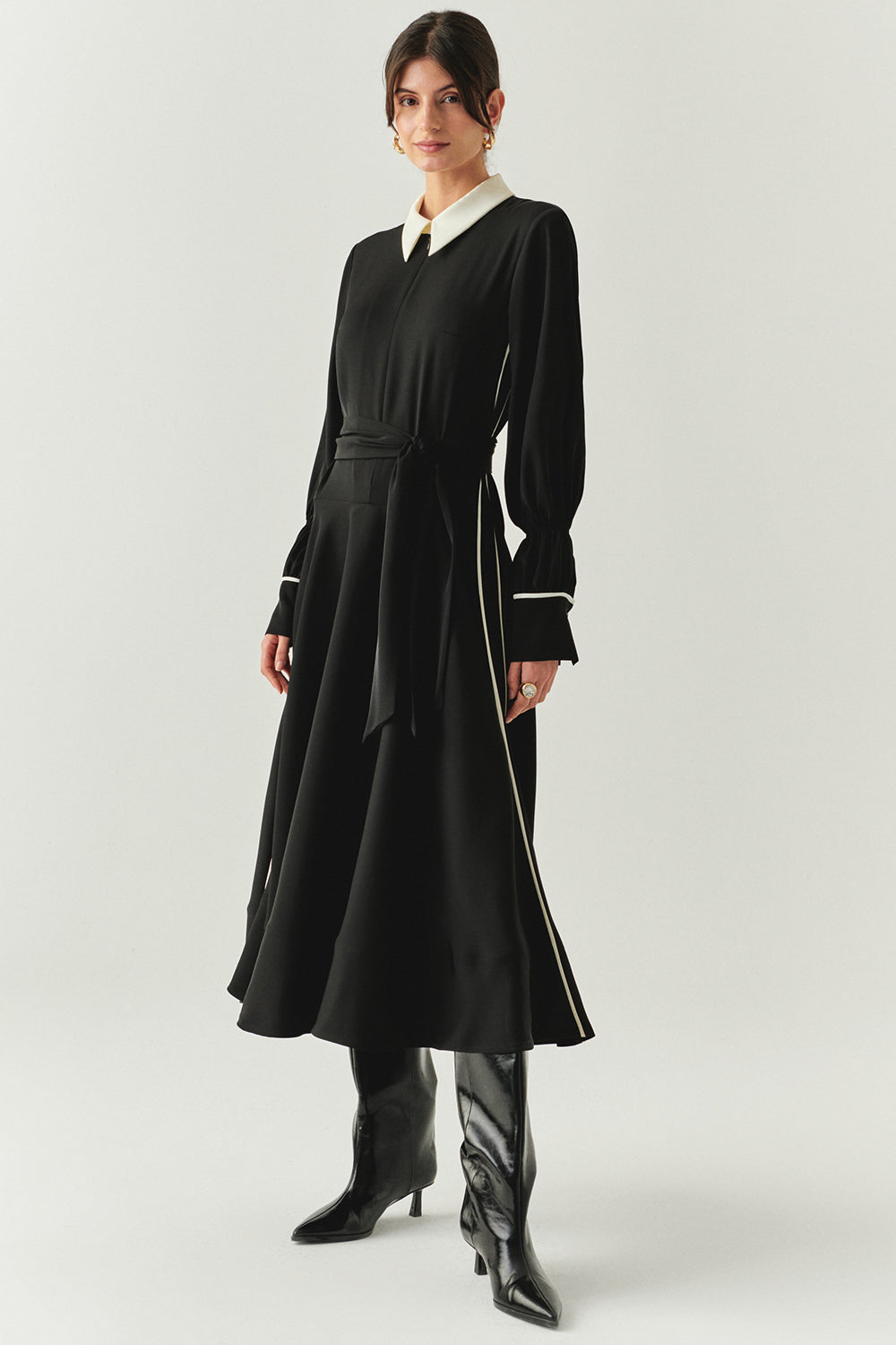 Exquise-Uzun Kollu Kuşaklı Düşük Bel Regular Siyah Midi Elbise-ELBİSE-4-Milagron.com