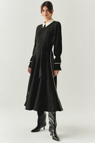 Exquise-Uzun Kollu Kuşaklı Düşük Bel Regular Siyah Midi Elbise-ELBİSE-4-Milagron.com