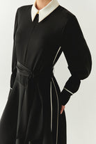 Exquise-Uzun Kollu Kuşaklı Düşük Bel Regular Siyah Midi Elbise-ELBİSE-5-Milagron.com