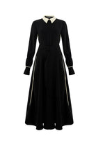 Exquise-Uzun Kollu Kuşaklı Düşük Bel Regular Siyah Midi Elbise-ELBİSE-6-Milagron.com