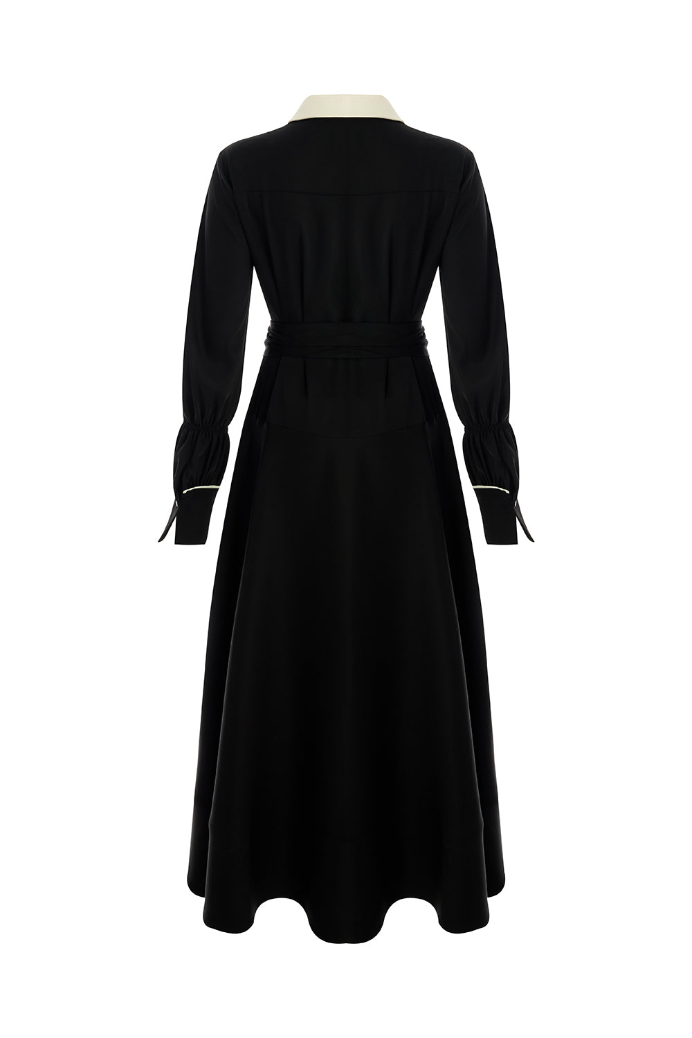 Exquise-Uzun Kollu Kuşaklı Düşük Bel Regular Siyah Midi Elbise-ELBİSE-7-Milagron.com