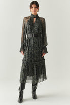 Exquise-Uzun Kollu Regular Kemerli Şifon Midi Çok Renkli Elbise-ELBİSE-1-Milagron.com