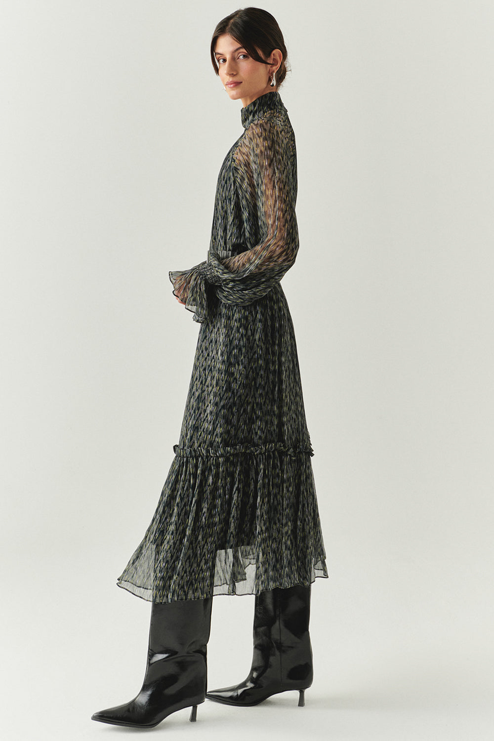 Exquise-Uzun Kollu Regular Kemerli Şifon Midi Çok Renkli Elbise-ELBİSE-2-Milagron.com