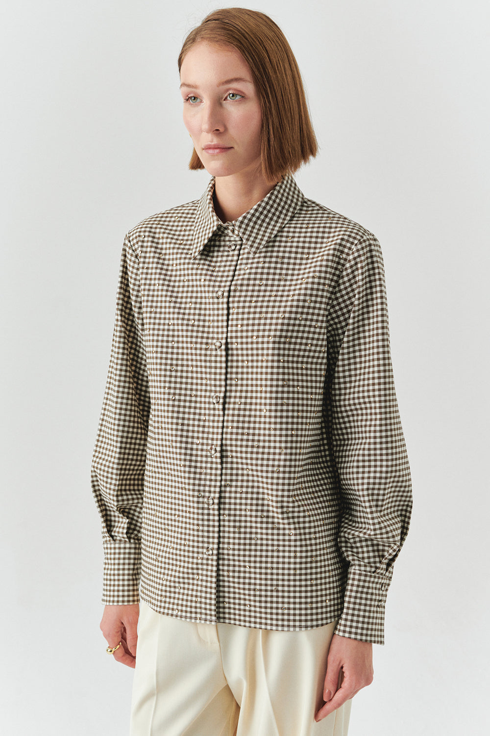 Exquise-Uzun Kollu Taş Detaylı Regular Ekose Krem Vizon Gömlek-GÖMLEK-1-Milagron.com