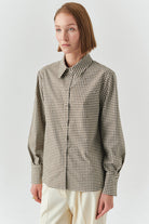 Exquise-Uzun Kollu Taş Detaylı Regular Ekose Krem Vizon Gömlek-GÖMLEK-1-Milagron.com