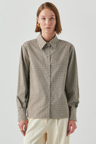 Exquise-Uzun Kollu Taş Detaylı Regular Ekose Krem Vizon Gömlek-GÖMLEK-2-Milagron.com