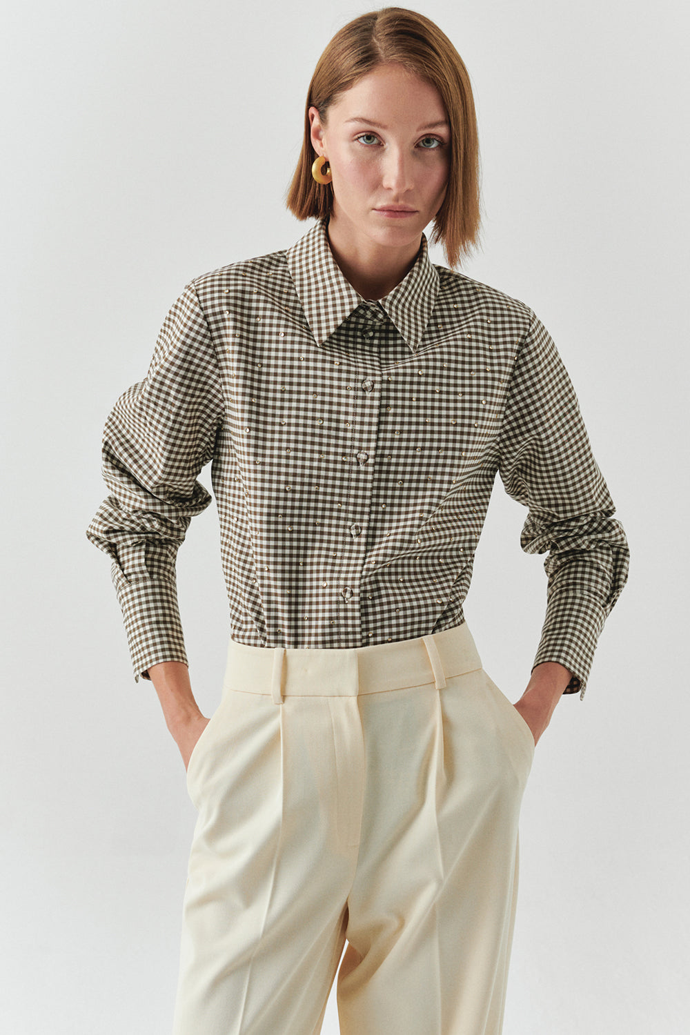 Exquise-Uzun Kollu Taş Detaylı Regular Ekose Krem Vizon Gömlek-GÖMLEK-3-Milagron.com