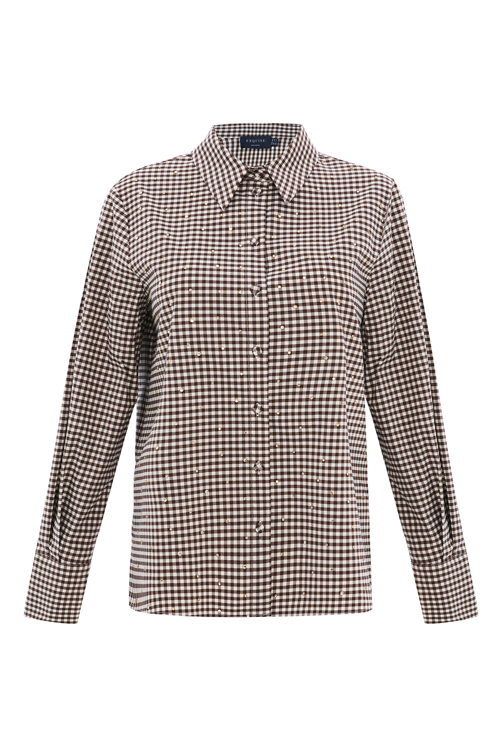 Exquise-Uzun Kollu Taş Detaylı Regular Ekose Krem Vizon Gömlek-GÖMLEK-7-Milagron.com