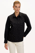 Exquise-Uzun Kollu Taş Detaylı Regular Ekose Siyah Gömlek-GÖMLEK-1-Milagron.com
