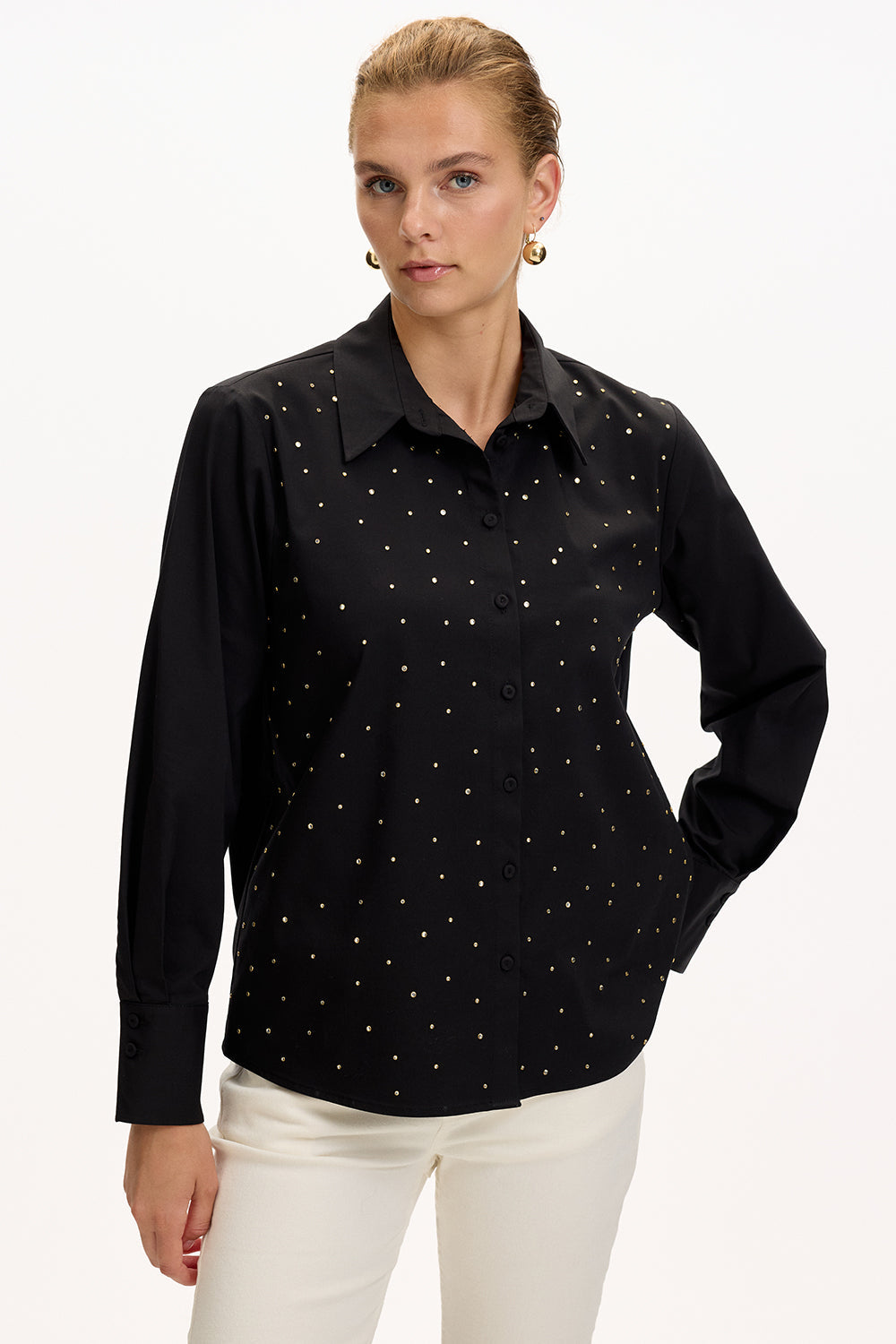 Exquise-Uzun Kollu Taş Detaylı Regular Ekose Siyah Gömlek-GÖMLEK-2-Milagron.com