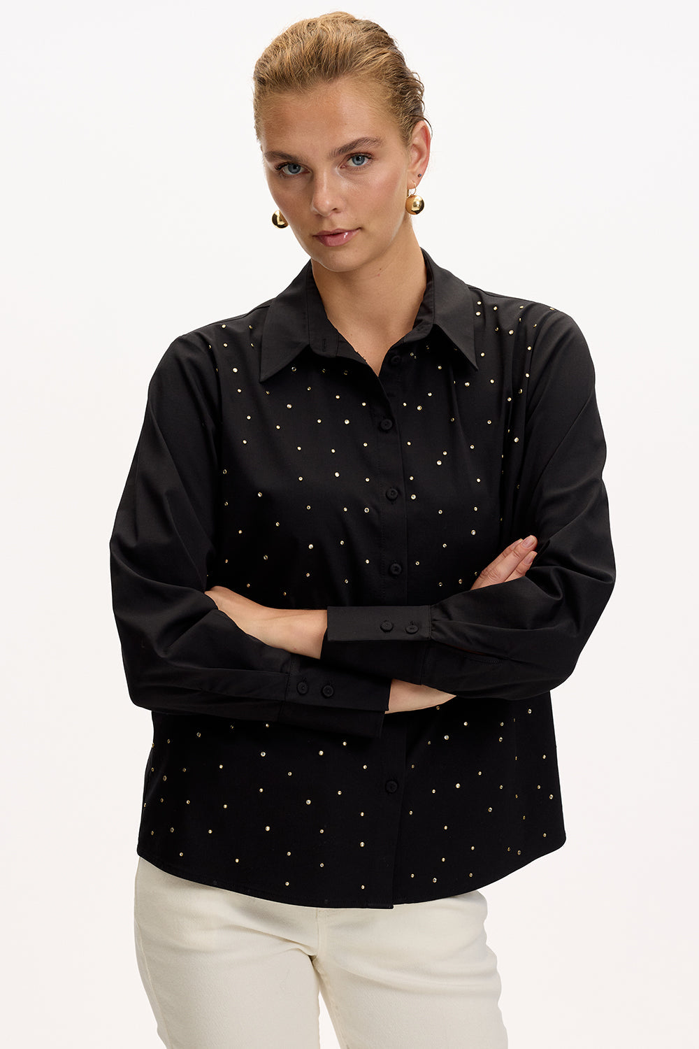 Exquise-Uzun Kollu Taş Detaylı Regular Ekose Siyah Gömlek-GÖMLEK-3-Milagron.com