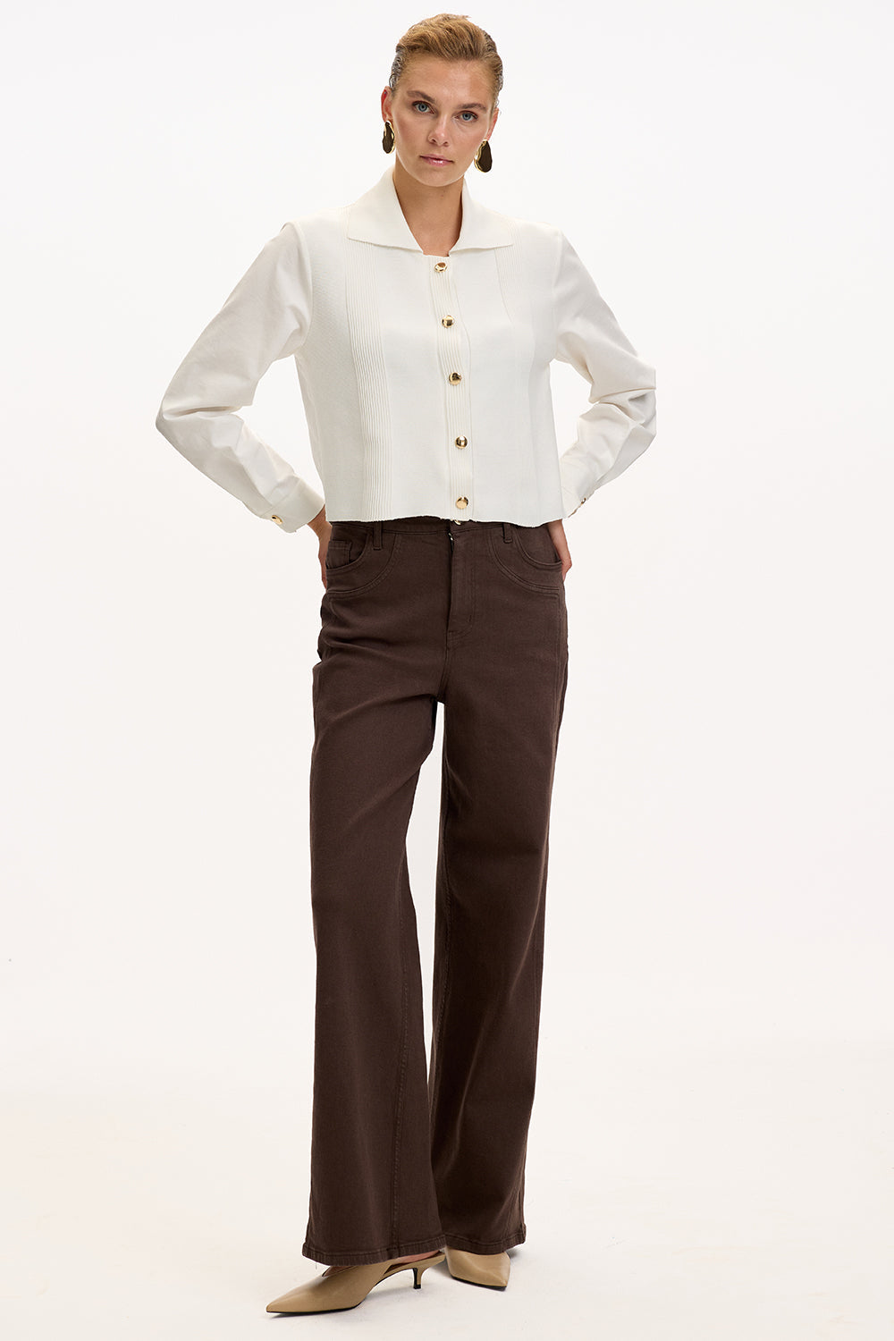 Exquise-Uzun Kollu Triko Garnili Poplin Regular Kemik Gömlek-GÖMLEK-2-Milagron.com