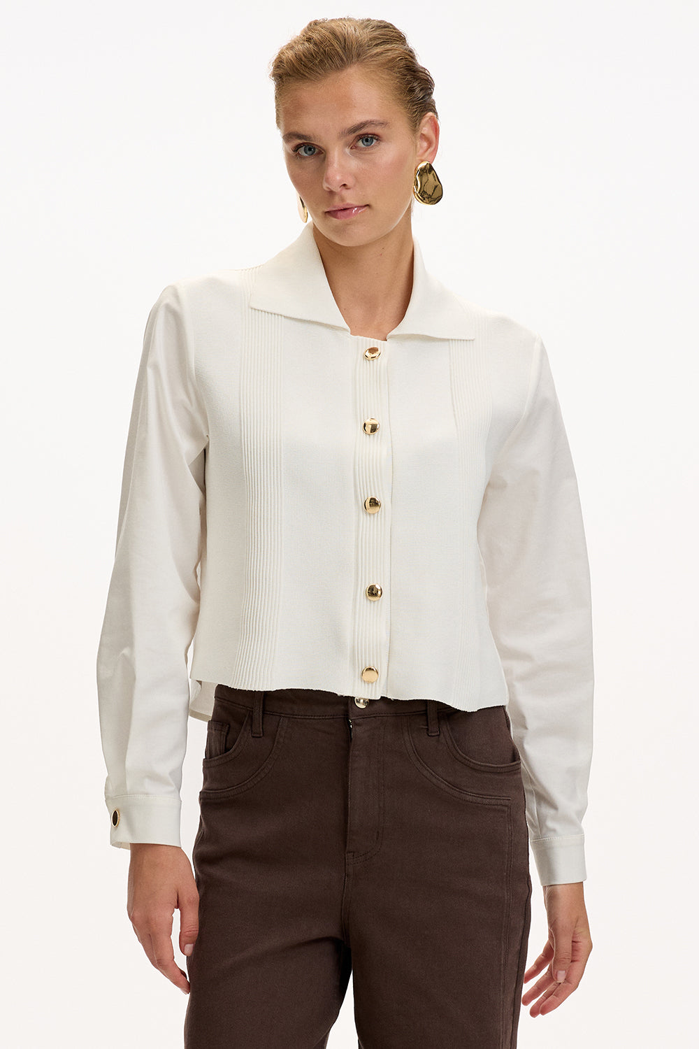 Exquise-Uzun Kollu Triko Garnili Poplin Regular Kemik Gömlek-GÖMLEK-4-Milagron.com