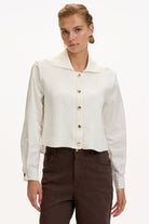 Exquise-Uzun Kollu Triko Garnili Poplin Regular Kemik Gömlek-GÖMLEK-4-Milagron.com