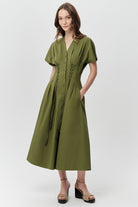 V Yaka Bağcık Detaylı Bele Oturan Cepli Regular Midi Haki Elbise