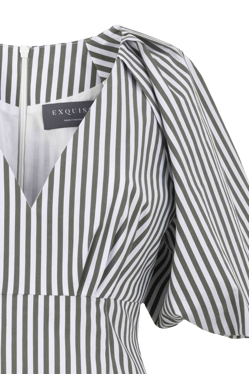 Exquise-V Yaka Balon Kol çizgili Pamuklu Mini Elbise-Elbise-2-Milagron.com