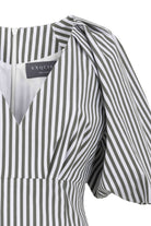 Exquise-V Yaka Balon Kol çizgili Pamuklu Mini Elbise-Elbise-2-Milagron.com