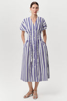 V Yaka Bele Oturan Cepli Regular Midi Saks Kemik Elbise