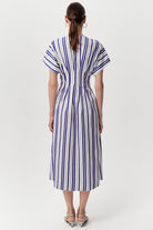 V Yaka Bele Oturan Cepli Regular Midi Saks Kemik Elbise