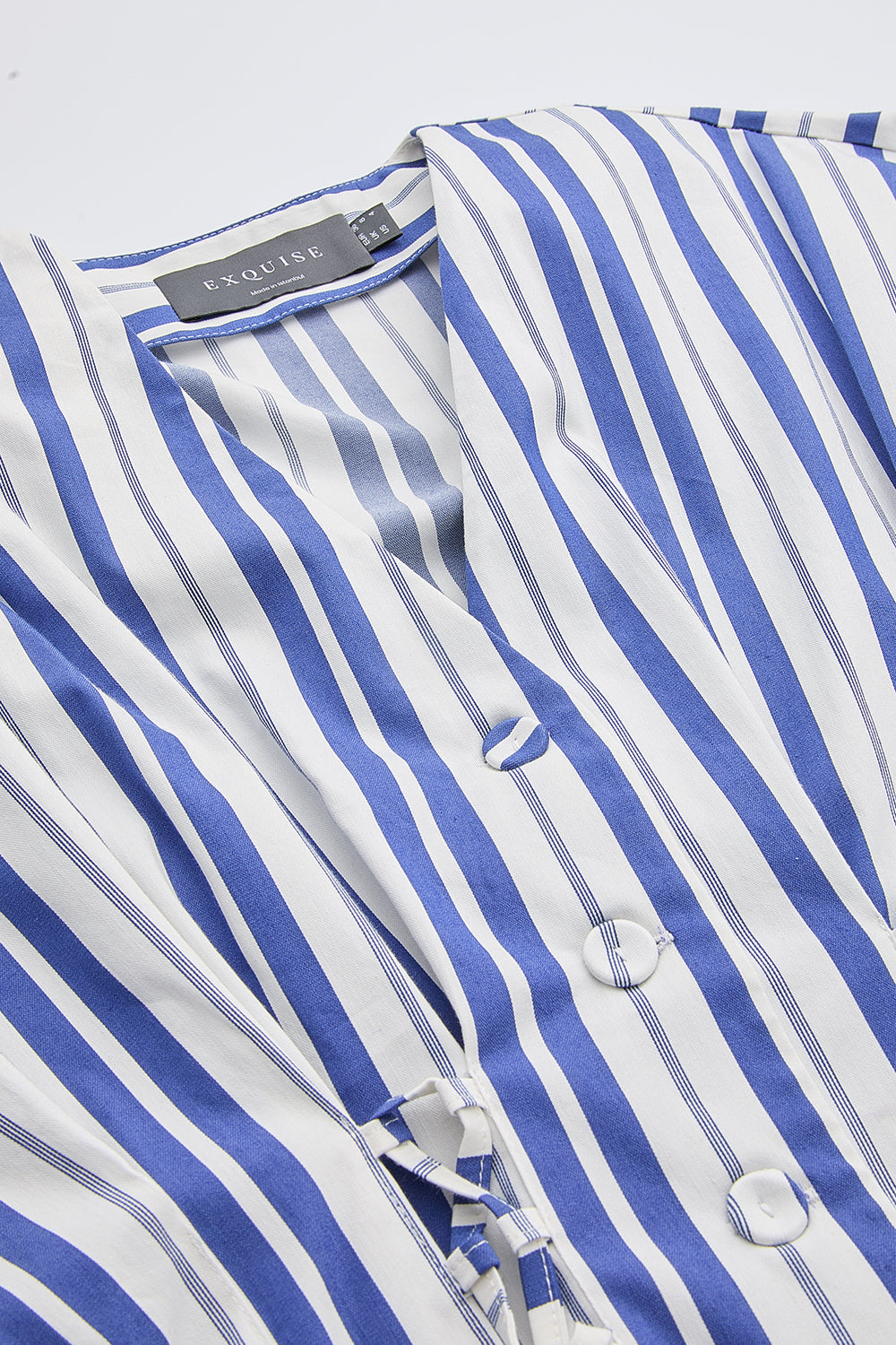 V Yaka Bele Oturan Cepli Regular Midi Saks Kemik Elbise