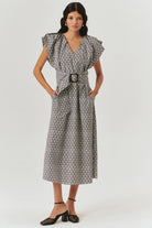 Exquise-V Yaka Düz Kesim Desenli Midi Boy Elbise-ELBİSE-1-Milagron.com