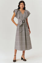 Exquise-V Yaka Düz Kesim Desenli Midi Boy Elbise-ELBİSE-2-Milagron.com