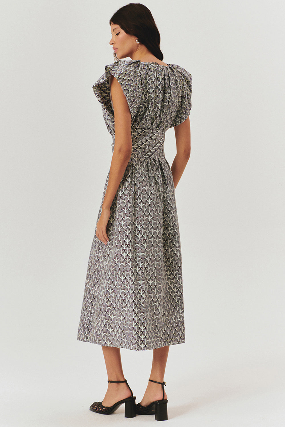 Exquise-V Yaka Düz Kesim Desenli Midi Boy Elbise-ELBİSE-4-Milagron.com