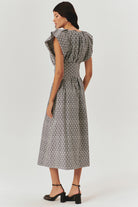 Exquise-V Yaka Düz Kesim Desenli Midi Boy Elbise-ELBİSE-4-Milagron.com