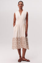 V Yaka Kemerli Cepli Regular Midi Krem Elbise